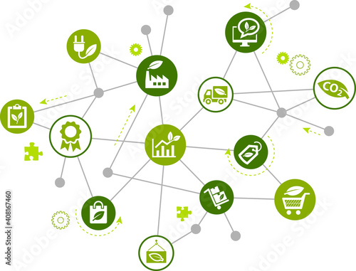 Sustainable business or green company vector illustration. Concept with connected icons related to environmental protection and sustainability, ecology and green technology.