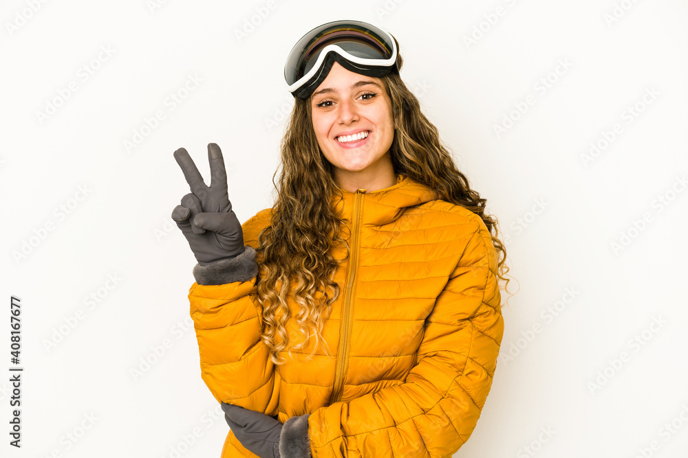 Young caucasian snowboarder woman isolated showing number two with fingers.