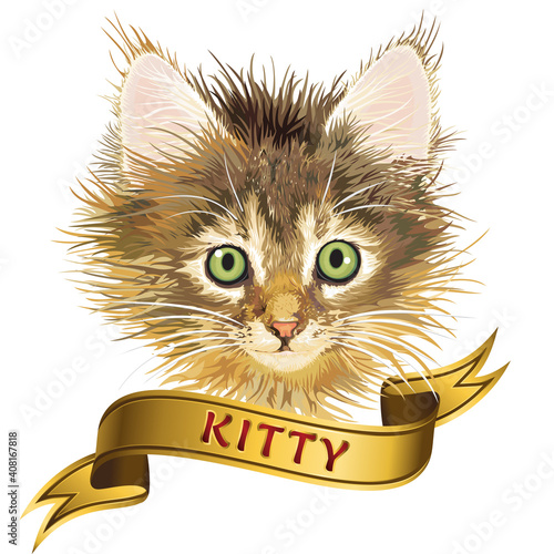 Sad kitten and ribbon with the inscription, vector