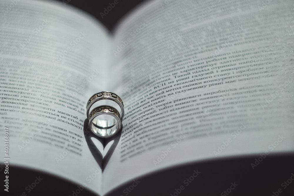 Fototapeta premium Wedding rings lie in open book.