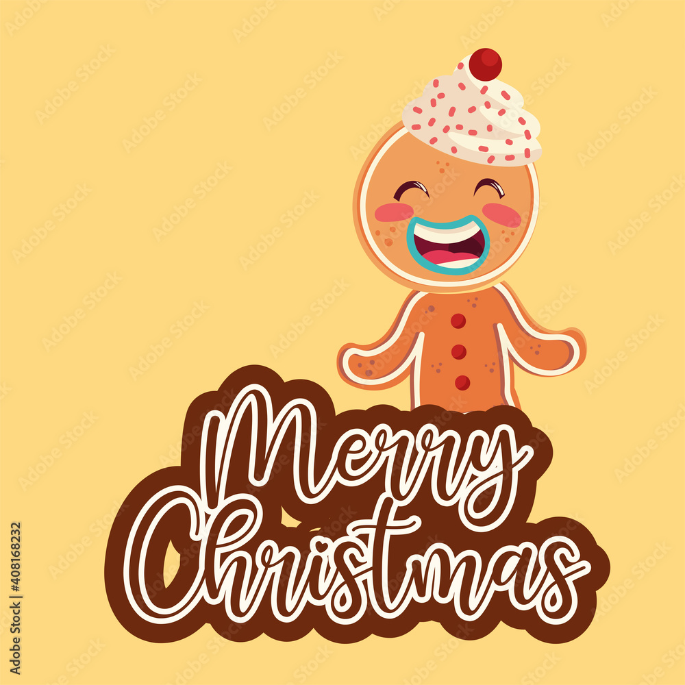 Obraz premium merry christmas greeting card, gingerbread man character cartoon