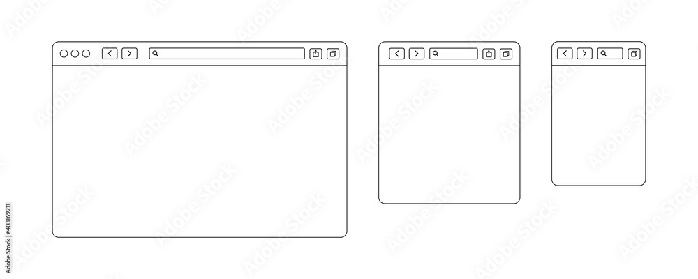 Browser window line design. Vector isolated web elements. Line template with browser window for mobile device design. Blank template. Website template design. Mockup for web site design.