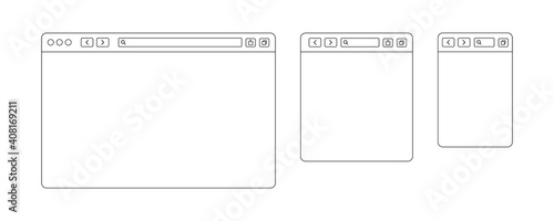 Browser window line design. Vector isolated web elements. Line template with browser window for mobile device design. Blank template. Website template design. Mockup for web site design.