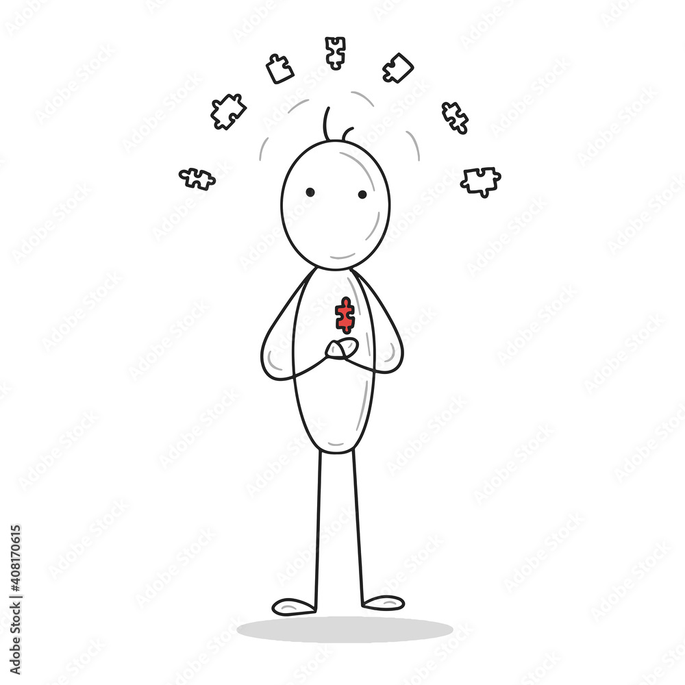 Stick man figure with red jigsaw puzzle instead of heart and lots of puzzles over the head. Concept of autism awareness day april 2. Complicated person with troubles in life, children disability. Stick man figure with red jigsaw puzzle instead of heart and lots of puzzles over the head. Concept of autism awareness day april 2. Complicated person with troubles in life, children disability.