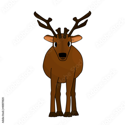 Brown hand drawn cartoon cute deer with antlers or caribou on brown background. Animal is isolated on white background. Front view