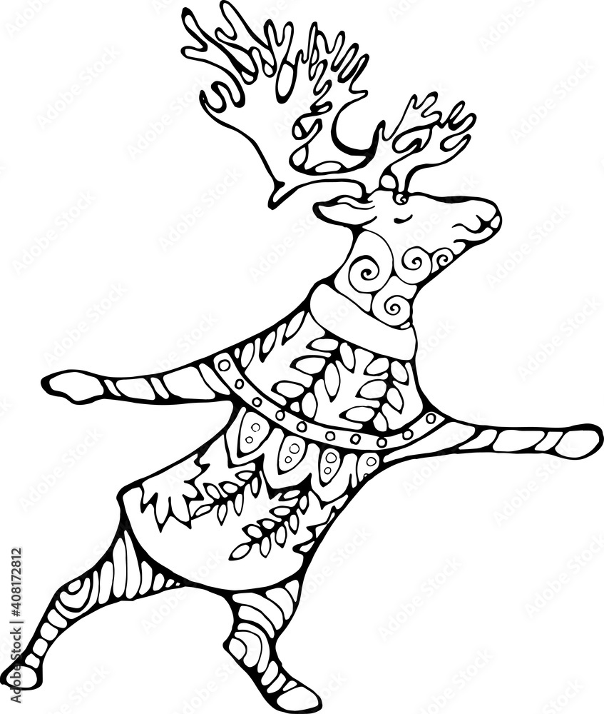 Fototapeta premium Elk with horns in inspired yoga dancing pose in a floral sweater.
