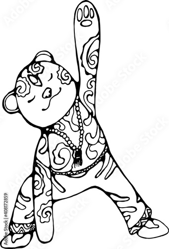 Meditative cosmic spiral bear in yoga pose.