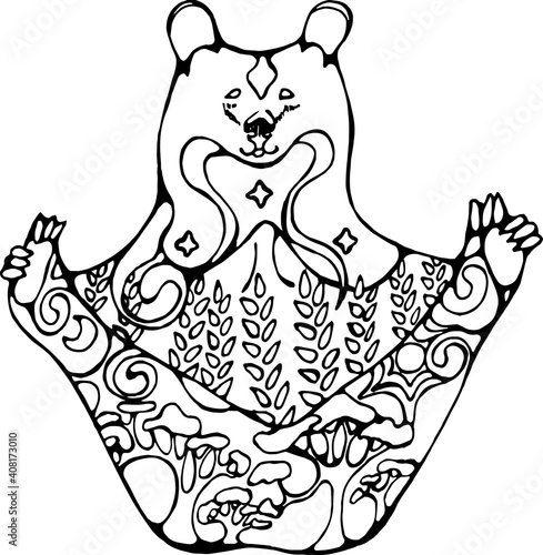 Bear in yoga pose with floral ornaments.