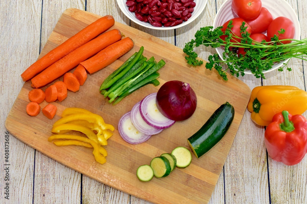 Chopped fresh vegetarian ingredients for making hearty healthy winter soups, stews and chilis