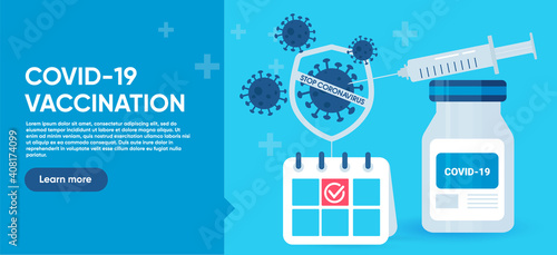 Banner sign covid - 19 vaccine with a syringe. Covid-19 vaccination. Stop coronavirus. Web-banner template of the On a blue background.