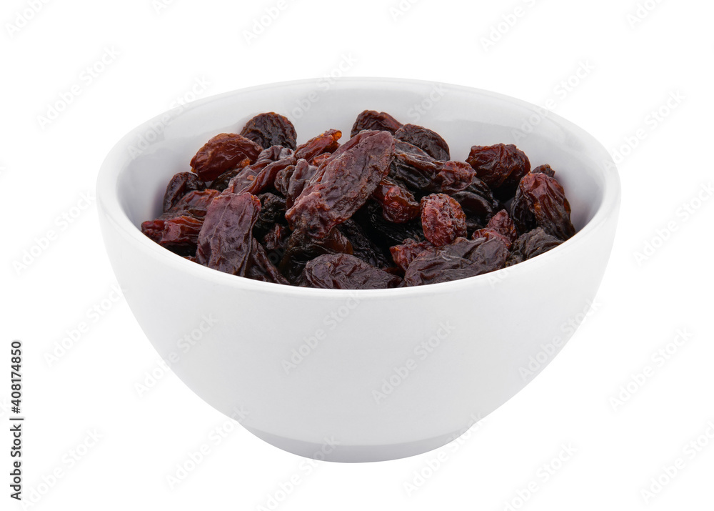 Dried raisins in bowl isolated on white background Dried raisins in bowl isolated on white background