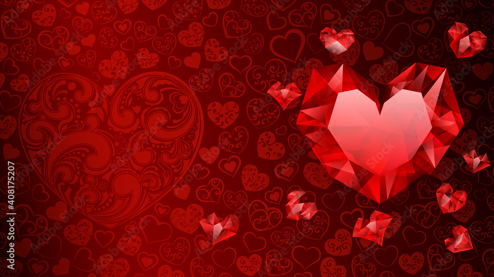 Background of big, small and several crystal hearts in red colors. Illustration on Valentine Day