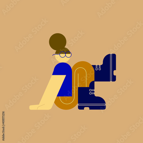 Girl with glasses sitting. Colorful flat vector illustration. Cartoon female character.