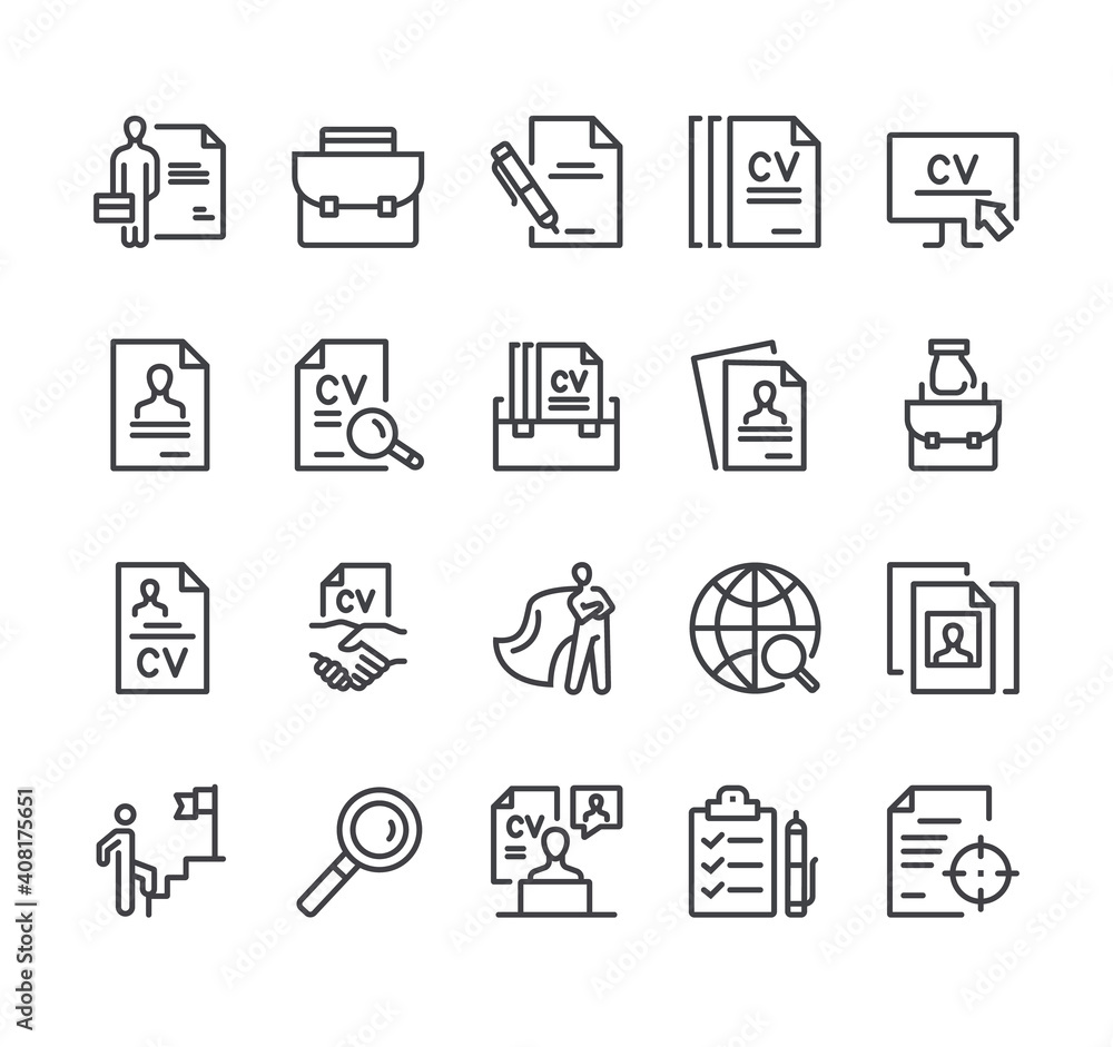 Job searching recruitment CV resume employment HR human resources flat black thin line stroke isolaed icon set collection Job searching recruitment CV resume employment HR human resources flat black thin line stroke isolaed icon set collection