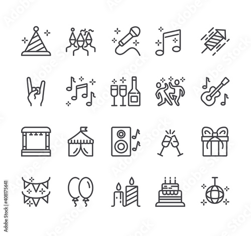 Festival selebration concert party disco dance flat black thin line stroke isolaed icon set collection