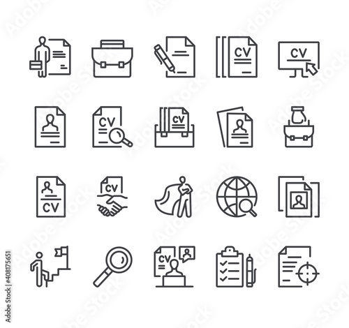 Job searching recruitment CV resume employment HR human resources flat black thin line stroke isolaed icon set collection