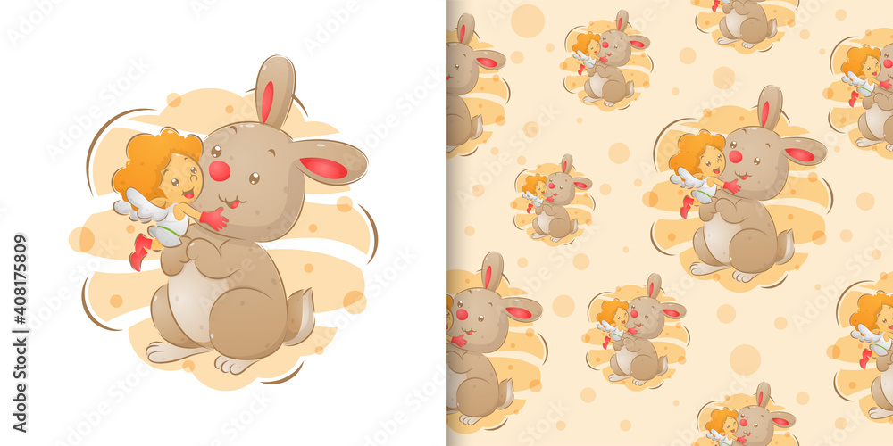 The cute rabbit playing with the little fairy on the water colour illustration in pattern set