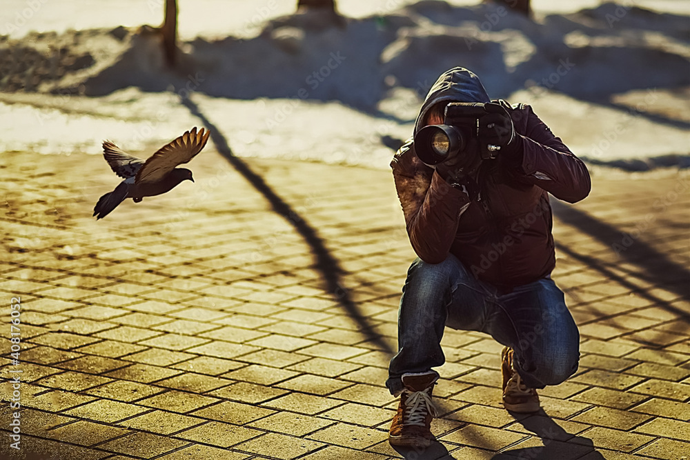 Obraz premium photographer takes pictures of a pigeon on the fly. A photographer in the park.