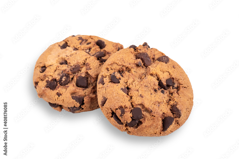 Isolated clipping path of die cut dark chocolate chip cookies piece stack and crumbs on white background of closeup tasty bakery organic homemade American biscuit sweet dessert Isolated clipping path of die cut dark chocolate chip cookies piece stack and crumbs on white background of closeup tasty bakery organic homemade American biscuit sweet dessert