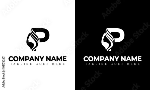 Letter P Beauty Women Face Logo Design Vector Illustration