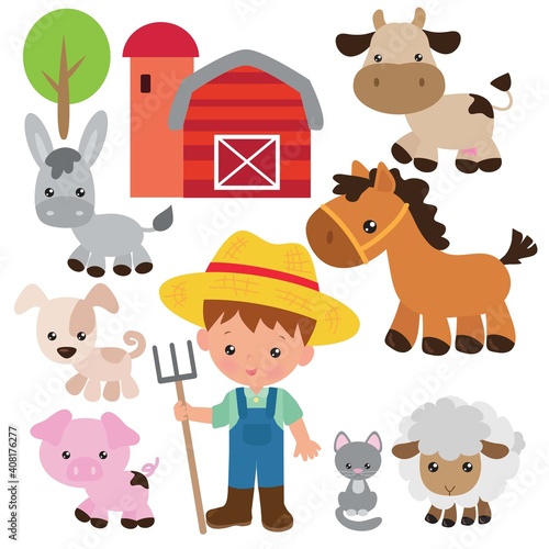 Cute farm animals vector cartoon illustration