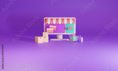 3D rendering flat illustration Online store on mobile application of computer. Premium Photo photo