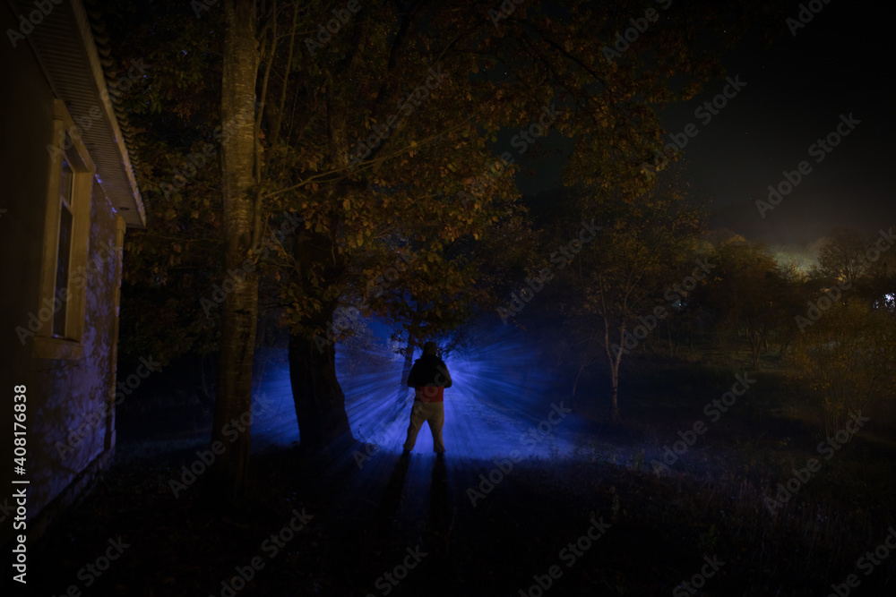 Fototapeta premium strange light in a dark forest at night. Silhouette of person standing in the dark forest with light. Horror halloween concept. strange silhouette in a dark spooky forest at night