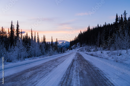 Beautiful snowy road in Jasper National Park, Canada