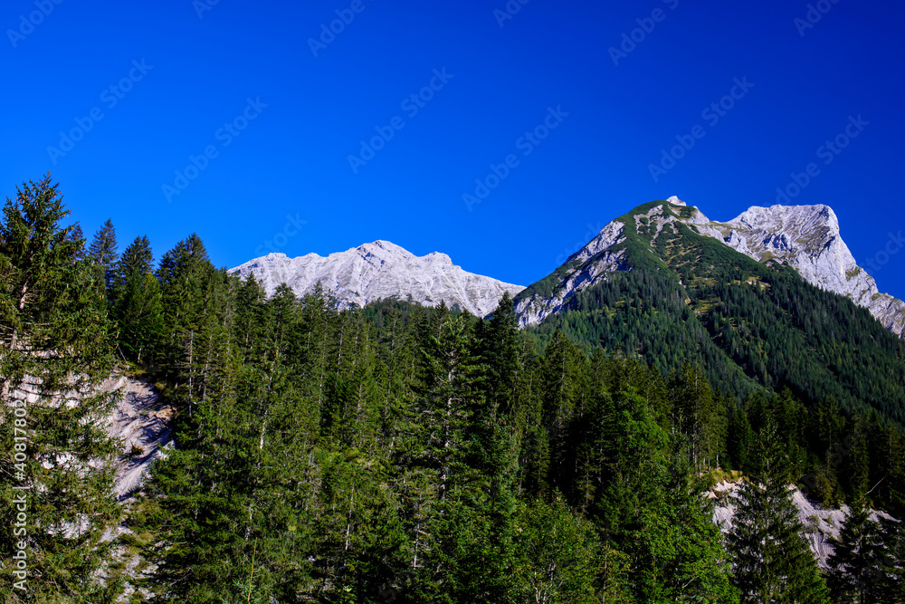 Fototapeta premium Karwendel Nature Park, Karwendel Mountains, Alpine Park, Rißtal, Risstal, mountains, mountain forest, Vomp, Hinterriß, Tyrol, Austria