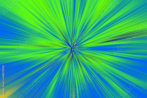 Abstract surface blur of radial zoom in neon blue and green tones. Abstract bright neon background with radial, diverging, converging lines.