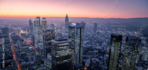 city skyline at sunset in frankfurt main, germany