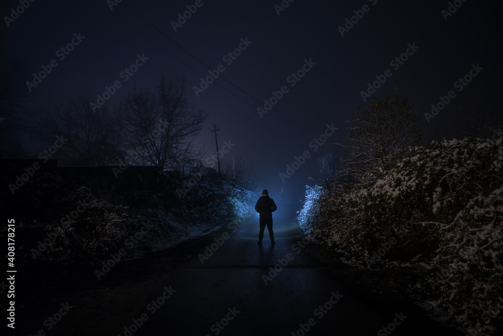 Fototapeta premium strange light in a dark forest at night. Silhouette of person standing in the dark forest with light. Horror halloween concept. strange silhouette in a dark spooky forest at night