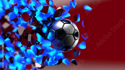 Metallic Soccer ball breaking with great force through blue illuminated red wall under spot light background. 3D high quality rendering. 3D illustration.