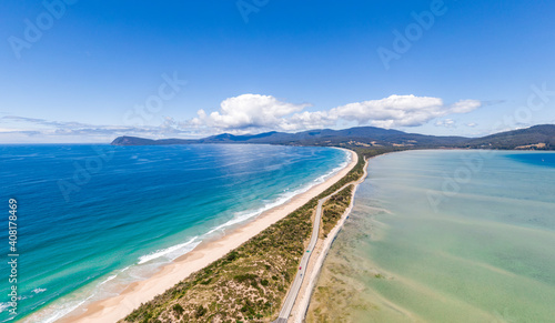 Принти на полотні High angle aerial drone view of the Neck, an isthmus of land connecting north and south Bruny Island in southern Tasmania, Australia that offers 360 degree views and is a famous tourist destination