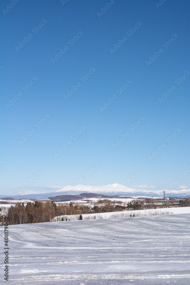 冬の晴れた日の融雪剤がまかれた畑と雪山　大雪山
