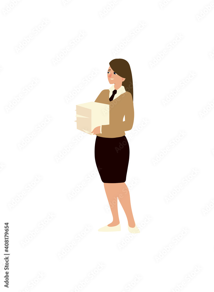 businesswoman character with paperwork standing on white background businesswoman character with paperwork standing on white background