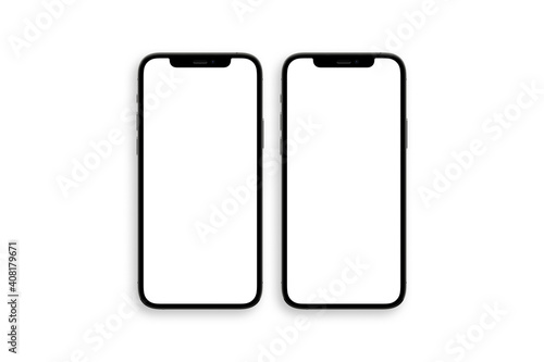 set of two iphone 12 pro with blank white screen top view