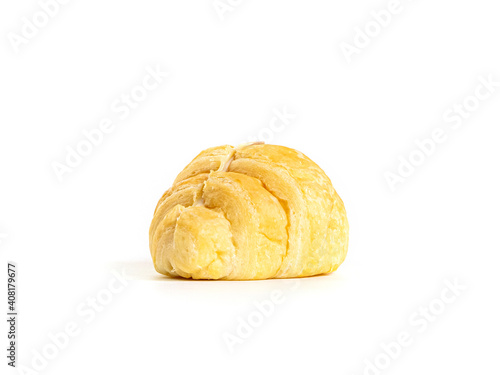 Croissant sandwich with ham and cheese on white background. One Croissant isolated picture. Homemade bakery concept.