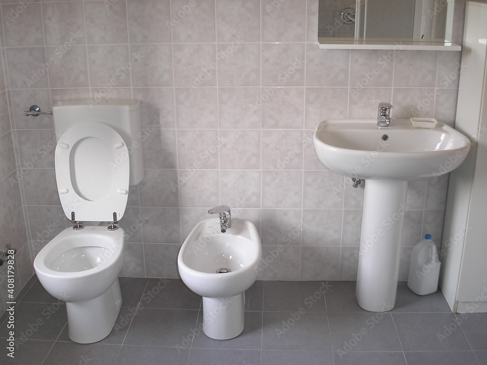 Fototapeta premium Residential bathroom basin, wc and bidet