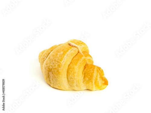 Croissant sandwich with ham and cheese on white background. One Croissant isolated picture. Homemade bakery concept.