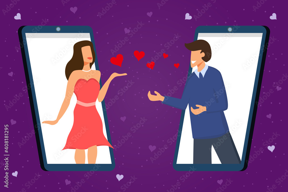 Women and men celebrate Valentines Day online on a smartphone on purple abstract background. Vector illustration in flat style. Copy space for design or text Women and men celebrate Valentines Day online on a smartphone on purple abstract background. Vector illustration in flat style. Copy space for design or text