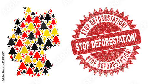 Germany geographic map mosaic in Germany flag official colors - red, yellow, black, and dirty Stop Deforestation! red rosette watermark.