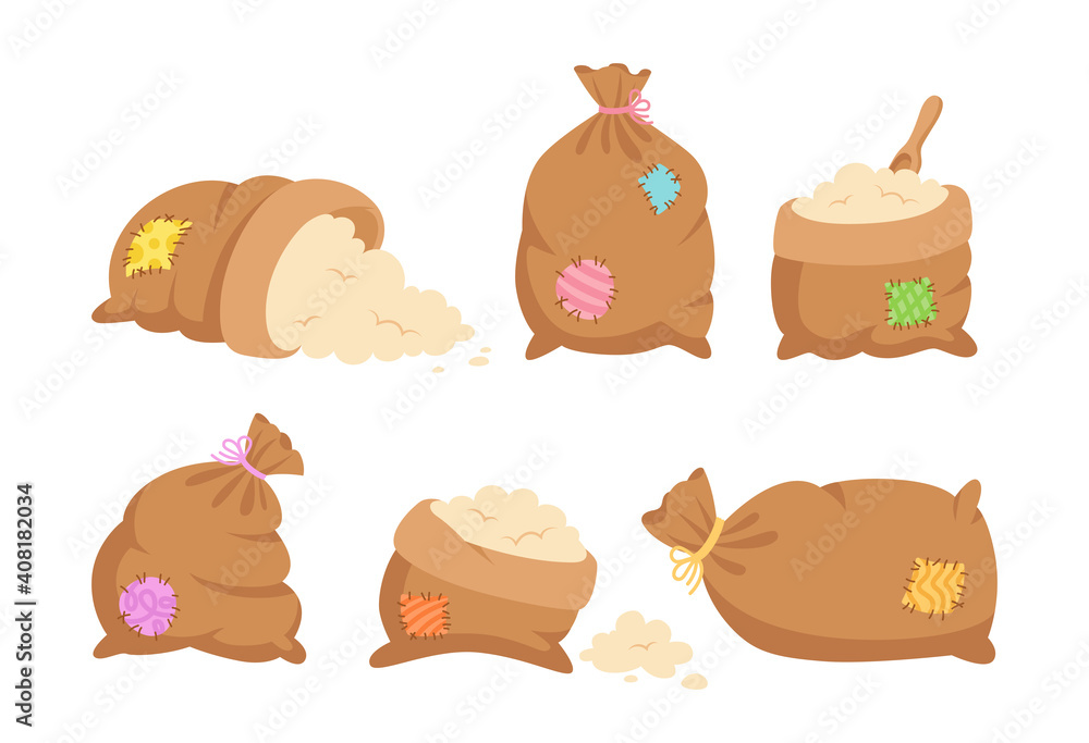 Sacks with colored patches, flour or sugar cartoon set. Bag burlap collection. Harvest agricultural symbol flour production. Bakery mill symbol. Design organic farm elements, packaging label vector