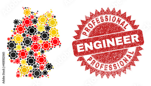 German geographic map mosaic in German flag official colors - red, yellow, black, and rubber Professional Engineer red rosette stamp.