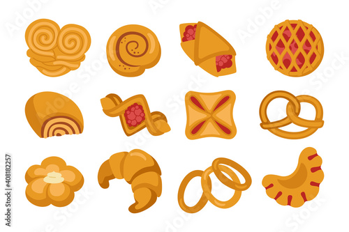 Sweet buns cartoon icon set. Bakery goods and wicker bun pretzel, bagel, croissant puff pastry, roll. Design menu bakery symbol. Stylish icon modern vector illustration