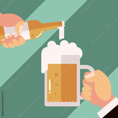 hands pouring beer in mug with foam alcohol, cheers