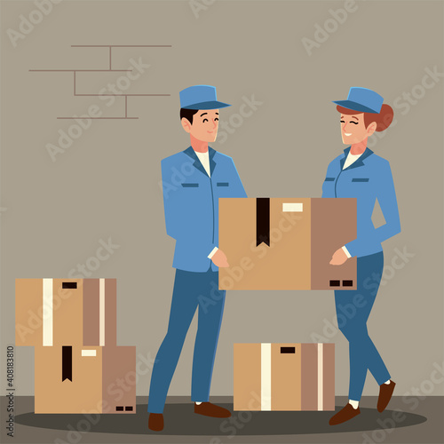 postal service postman and female workers with stack of boxes