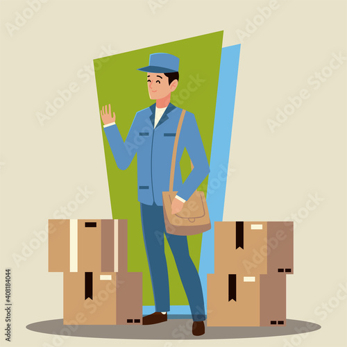 postal service postman character with bag and cardboard boxes