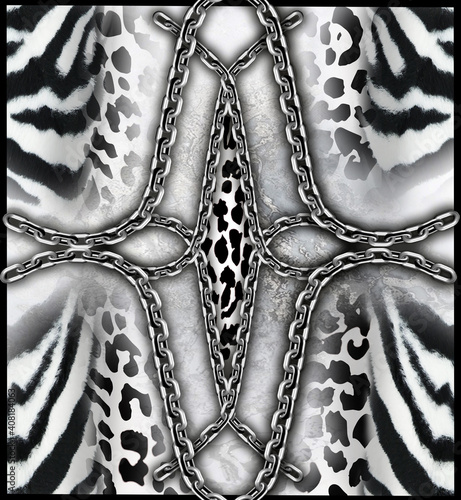 leopard pattern with chain design, black and white background
