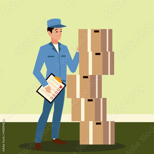 postal service postman with clipboard and cardboard boxes
